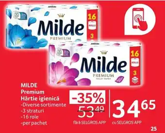Selgros MILDE Premium Hârtie igienică -3 straturi -16 role -per pachet Ofertă
