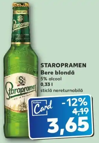 Kaufland STAROPRAMEN Bere blondă 5% alcool 0.33l Ofertă