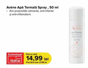Avène Apă Termală Spray, 50 ml Are proprietăți calmante, anti-iritante şi anti-inflamatorii.