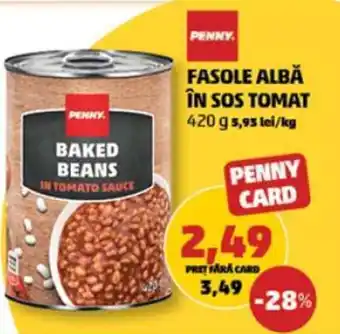 Penny PENNY. FASOLE ALBĂ ÎN SOS TOMAT 420 g 5,93 lei/kg Ofertă