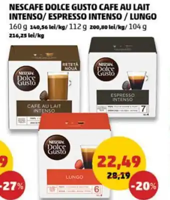 Penny NESCAFE DOLCE GUSTO CAFE AU LAIT INTENSO/ESPRESSO INTENSO / LUNGO 160 g 140,56 lei/kg/112 g 200,80 lei/kg/104 g 216,25 lei/kg Ofertă