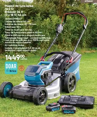 Brico Depôt Mașină de tuns iarba fără fir Erbauer 36 V (2x18V) 46cm Ofertă