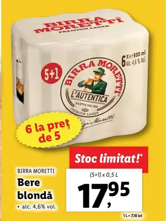 Lidl BIRRA MORETTI Bere blondă 5+1 x 0.5l Ofertă