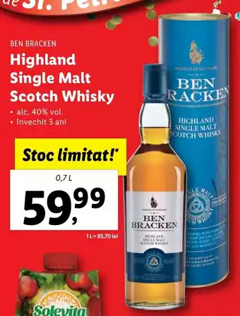 Lidl BEN BRACKEN Highland Single Malt Scotch Whisky 0.7l Ofertă