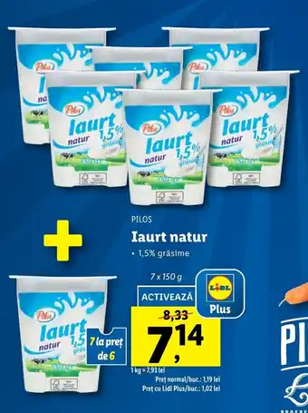 Lidl Pilos Iaurt natur 1,5% grăsime 7 x 150g Ofertă