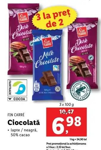 Lidl FIN CARRÉ Ciocolată 3 x 100g Ofertă