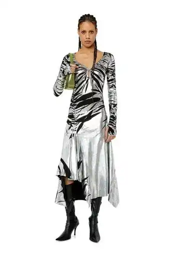 Asymmetric ruched metallic midi dress