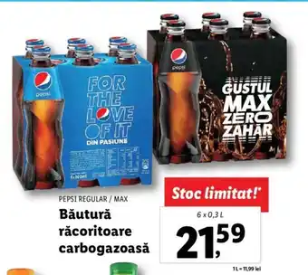 Lidl PEPSI REGULAR / MAX Băutură răcoritoare carbogazoasă 6 x 0.3l Ofertă