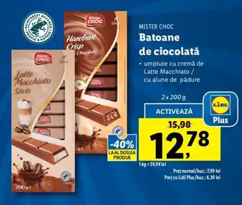 Lidl MISTER CHOC Batoane de ciocolată 2x 200 g Ofertă