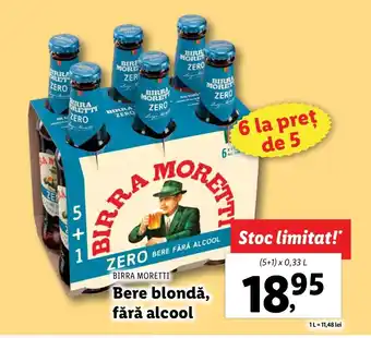 Lidl BIRRA MORETTI Bere blondă, fără alcool (5+1)x0,33L Ofertă