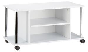 Favi Comoda tv cu roti, 3 niveluri, 2 rafturi, 2 compartimente pentru carti, mdf, alb Ofertă