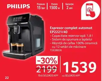 Selgros PHILIPS Espresor complet automat EP2221/40 1500w Ofertă