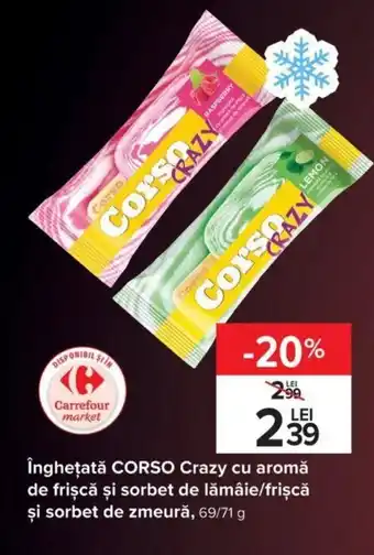 Carrefour înghețată CORSO Crazy cu aromă de frișcă și sorbet de lămâie/frișcă şi sorbet de zmeură, 69/71 g Ofertă