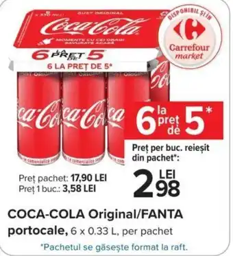 Carrefour COCA-COLA Original/FANTA portocale, 6 x 0.33 L, per pachet Ofertă