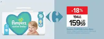 Carrefour Scutece PAMPERS Active Baby mărimi: 3 (152 buc.)/4 (132 buc)/4+ (120 buc.)/ 5 (110 buc.)/6 (96 buc.), per pachet Ofertă