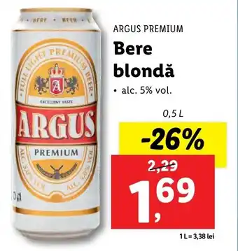 Lidl ARGUS PREMIUM Bere blondă 0,5L Ofertă
