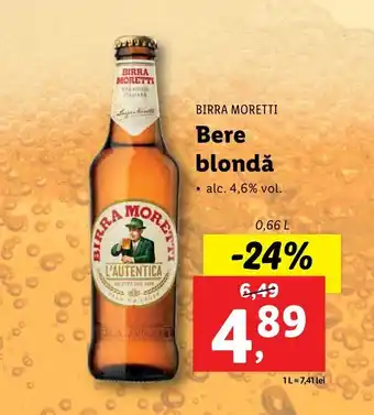 Lidl BIRRA MORETTI Bere blondă 0.66L Ofertă