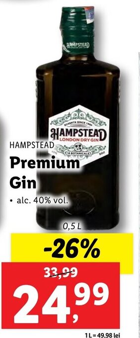 Lidl HAMPSTEAD Premium Gin, 0,5L Ofertă