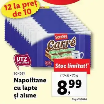 Lidl SONDEY Napolitane cu lapte şi alune (10+2)x25g Ofertă
