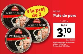Lidl BARONI Pate de porc 3x120g Ofertă