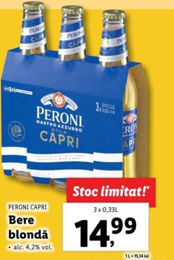 Lidl PERONI CAPRI Bere blondă 3 x 0,33L Ofertă