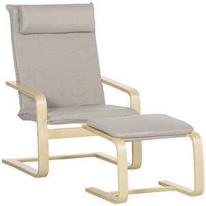 Fotoliu relax cu suport pentru picioare, fotoliu din lemn si tesatura cu efect de in cu perna pentru tetiera, 67x69x100cm, gr