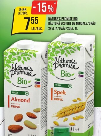 Mega Image NATURE'S PROMISE BIO BĂUTURĂ ECO UHT DE MIGDALE/GRÂU LEI/BUC. SPELTA/OVĂZ/SOIA, 1L Ofertă