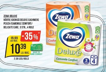 Mega Image ZEWA DELUXE HÂRTIE IGIENICĂ DELUXE CASHMERE PEACH/CAMOMILE COMFORT/ DELICATE CARE, 3 STR., 4 ROLE Ofertă