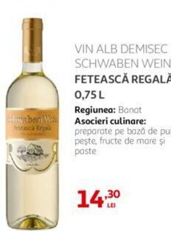 Auchan VIN ALB DEMISEC SCHWABEN WEIN FETEASCĂ REGALĂ 0,75 L Ofertă