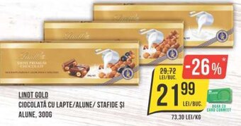LINDT GOLD CIOCOLATĂ CU LAPTE/ALUNE/STAFIDE ȘI ALUNE, 300G