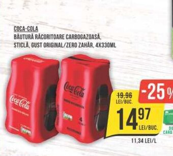 Mega Image COCA-COLA BAUTURĂ RACORITOARE CARBOGAZOASĂ, STICLĂ, GUST ORIGINAL/ZERO ZAHĂR, 4X330ML Ofertă