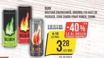 Mega Image BURN BĂUTURĂ ENERGIZANTĂ, ORIGINAL/CU GUST DE PIERSICA, ZERO ZAHAR/FRUIT PUNCH, 250ML Ofertă