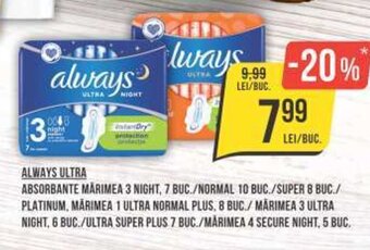 Mega Image ABSORBANTE MĂRIMEA 3 NIGHT, 7 BUC./NORMAL 10 BUC./ Ofertă