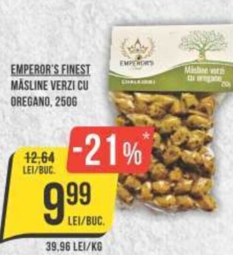 Mega Image EMPEROR'S FINEST MASLINE VERZI CU OREGANO, 250G Ofertă