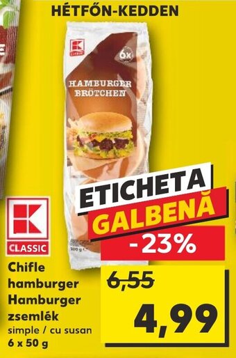 Kaufland Chifle hamburger Hamburger zsemlék simple / cu susan 6 x 50 g Ofertă
