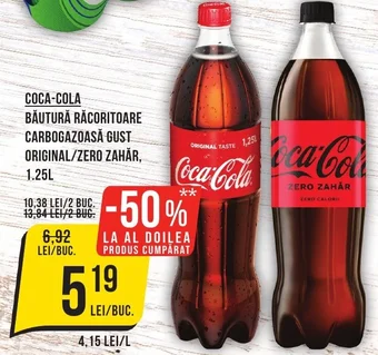 Mega Image COCA-COLA BĂUTURĂ RĂCORITOARE CARBOGAZOASĂ GUST ORIGINAL/ZERO ZAHĂR, 1.25L Ofertă