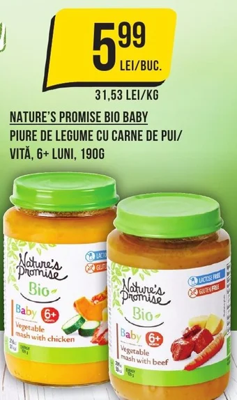 Mega Image NATURE'S PROMISE BIO BABY PIURE DE LEGUME CU CARNE DE PUI/ VITĂ, 6+ LUNI, 190G Ofertă