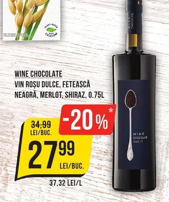 Mega Image WINE CHOCOLATE VIN ROȘU DULCE, FETEASCĂ NEAGRĂ, MERLOT, SHIRAZ, 0.75L Ofertă