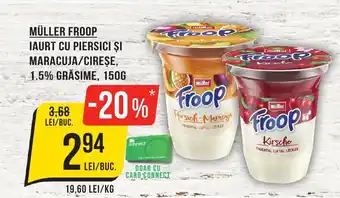 Mega Image MÜLLER FROOP IAURT CU PIERSICI ŞI MARACUJA/CIREȘE, 1.5% GRĂSIME, 150G Ofertă