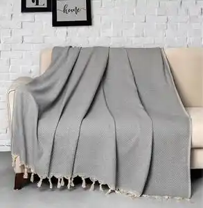 Patura dubla cu franjuri trendy, bumbac 100%, gri, 170 x 230 cm