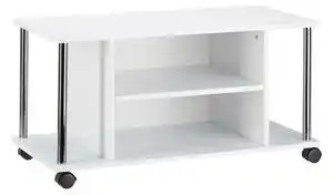 Favi Comoda tv cu roti, 3 niveluri, 2 rafturi, 2 compartimente pentru carti, mdf, alb Ofertă