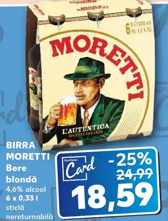 Kaufland BIRRA MORETTI Bere blondă 4,6% alcool 6 x 0,33 1 sticlă Ofertă