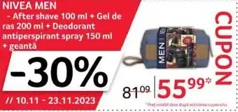 Selgros NIVEA MEN - After shave 100 ml + Gel de ras 200 ml + Deodorant antiperspirant spray 150 ml + geantă Ofertă