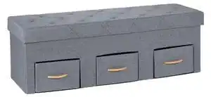 Banca 3 locuri cu spatiu depozitare, 120 x 40 x 40 cm, 3 sertare cu manere de lemn, pliabila, stofa, gri