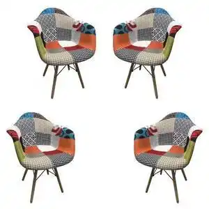 Set 4 scaune dining de tip fotoliu lotus, textil patchwork multicolor, picioare lemn+metal
