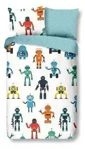 Lenjerie de pat din bumbac pentru copii good morning robots, 140 x 220 cm