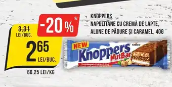 Mega Image KNOPPERS NAPOLITANE CU CREMĂ DE LAPTE, ALUNE DE PĂDURE ȘI CARAMEL, 40G Ofertă