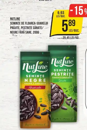 Mega Image NUTLINE SEMINȚE DE FLOAREA-SOARELUI PRĂJITE, PESTRIŢE SĂRATE/ NEGRE FĂRĂ SARE, 200G Ofertă