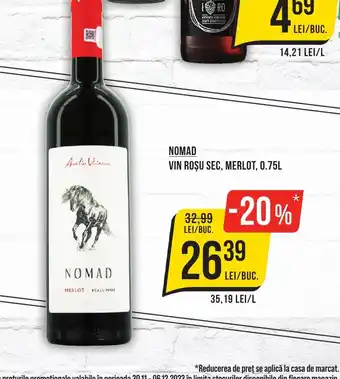 Mega Image NOMAD VIN ROȘU SEC, MERLOT, 0.75L Ofertă