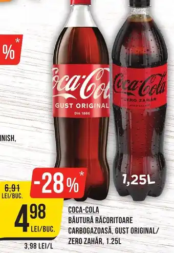 Mega Image COCA-COLA BĂUTURĂ RĂCORITOARE CARBOGAZOASĂ, GUST ORIGINAL/ ZERO ZAHĂR, 1.25L Ofertă